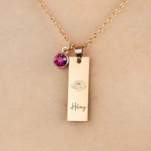 Name Pendant With Birthstone and Birth Flower