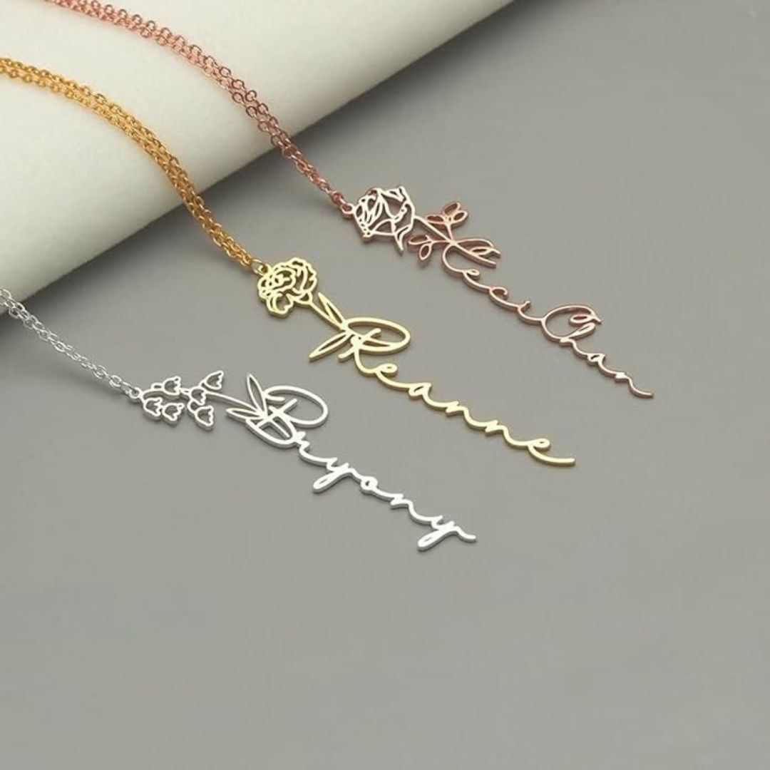 Custom Birth Flower Name Necklace