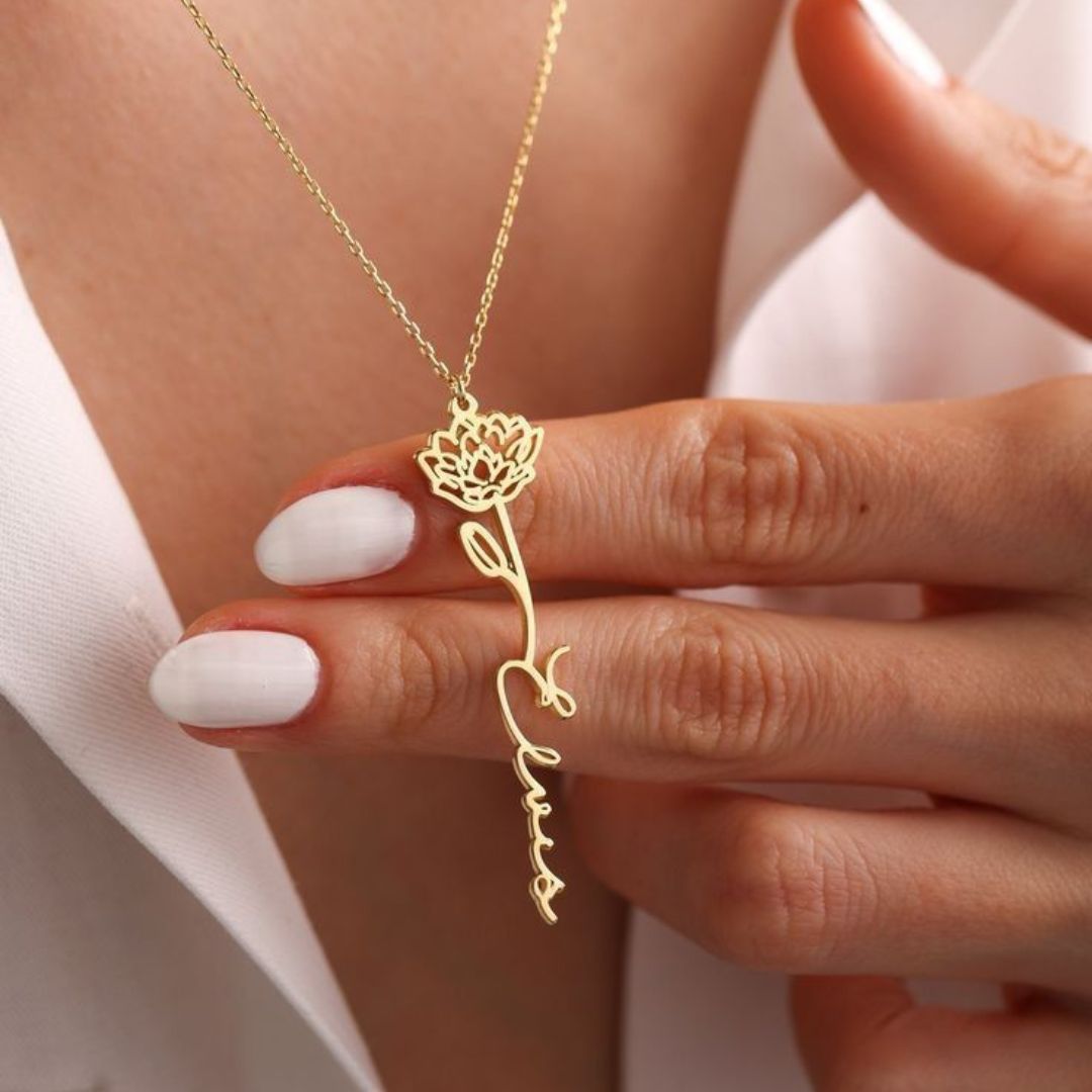 Custom Birth Flower Name Necklace