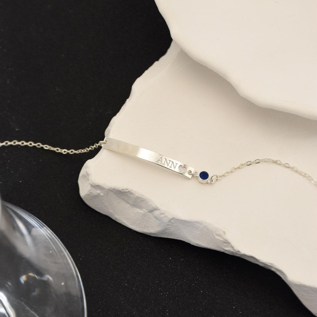 Custom Engraved Bar With Birthstone Bracelet