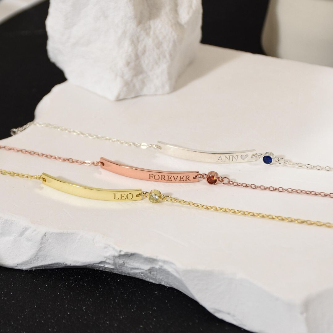 Custom Engraved Bar With Birthstone Bracelet