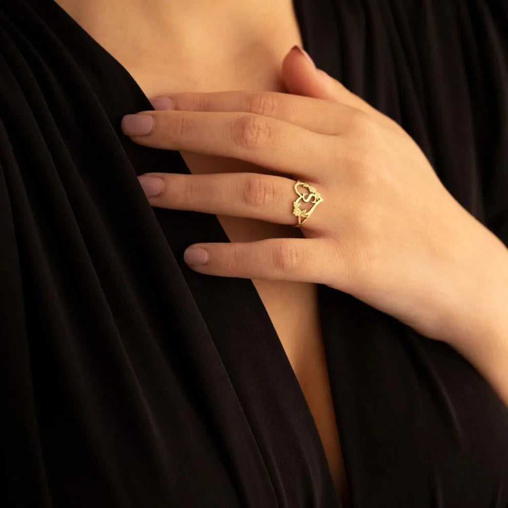 Custom Initial Ring With Heart And Flower