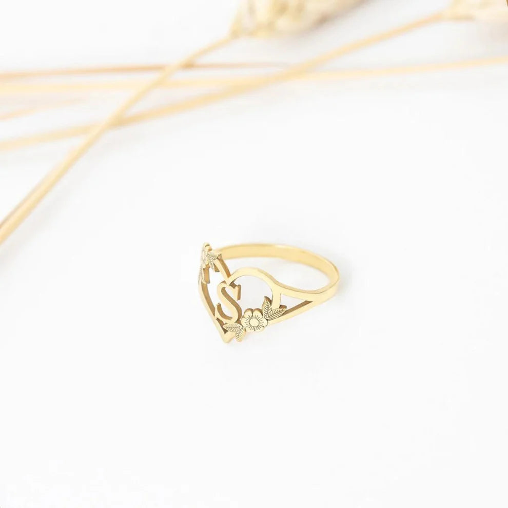 Custom Initial Ring With Heart And Flower