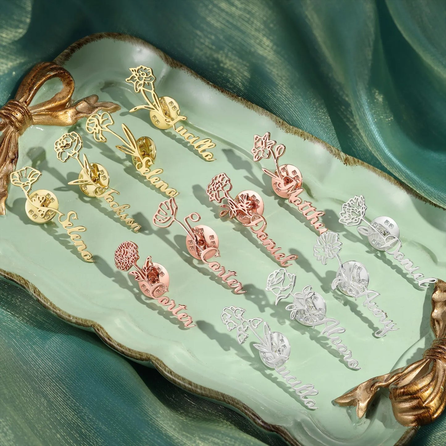 Personalized Birthflower Name Brooch