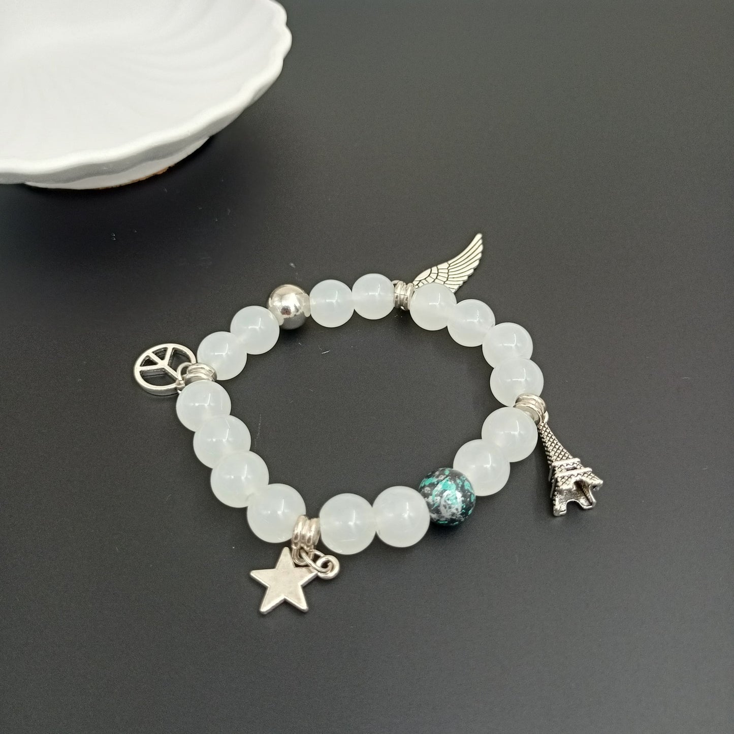 White Beaded Charm Bracelet