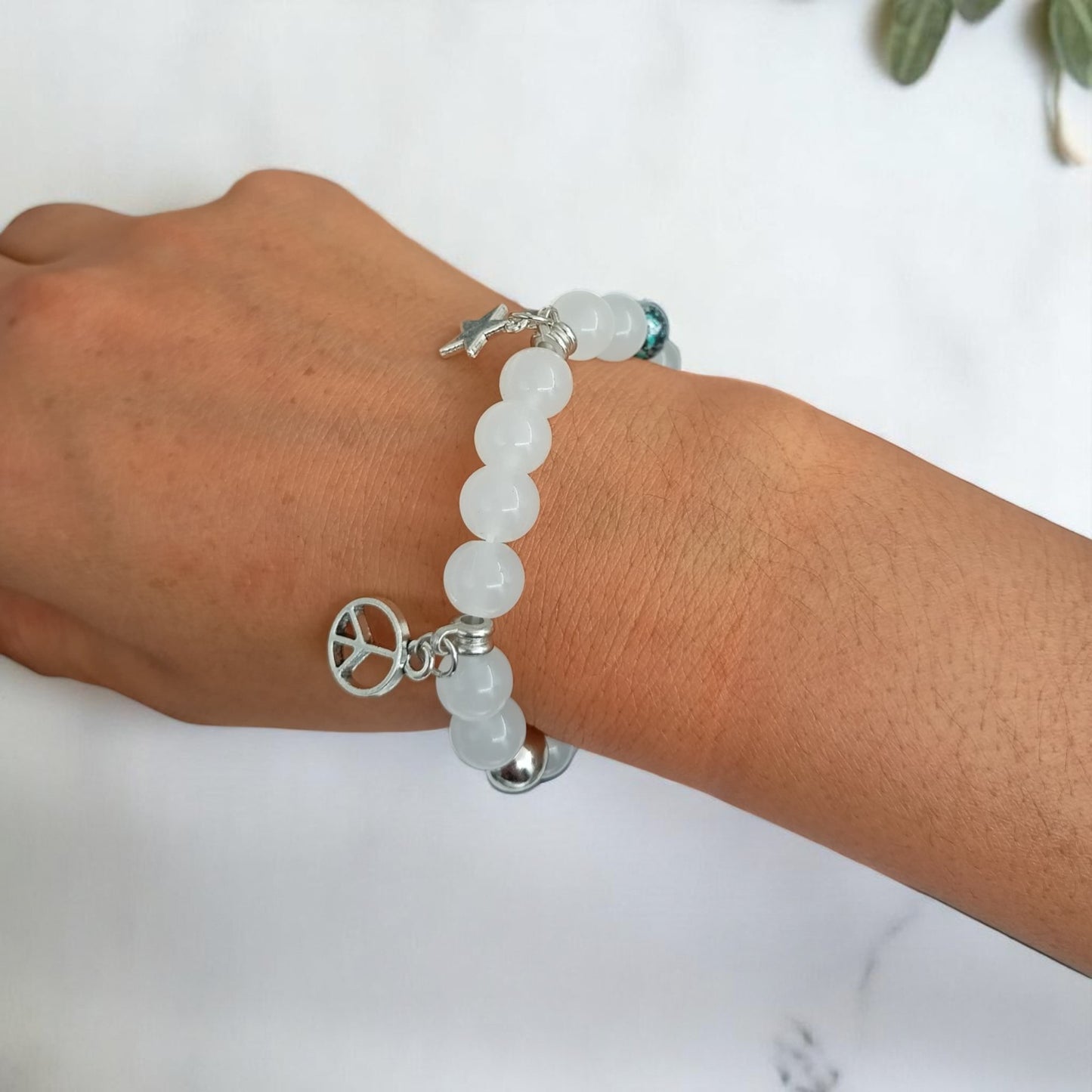 White Beaded Charm Bracelet