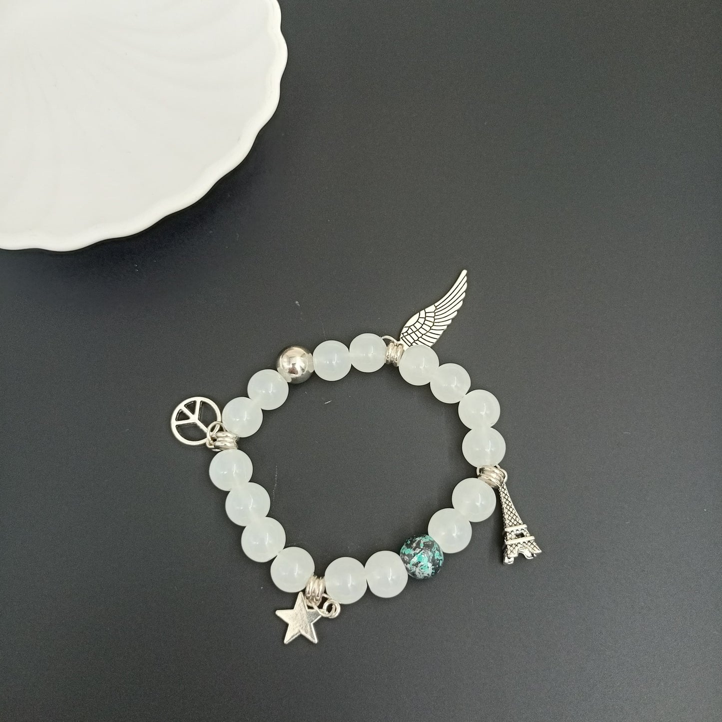 White Beaded Charm Bracelet