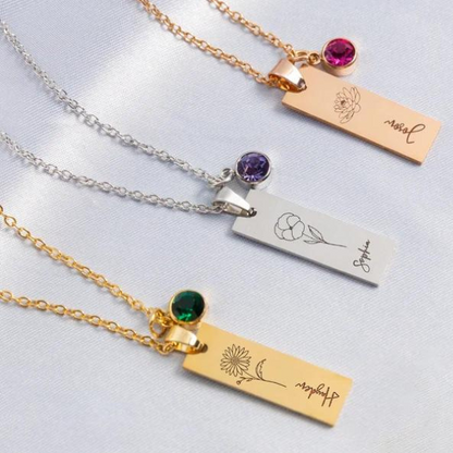 Name Pendant With Birthstone and Birth Flower