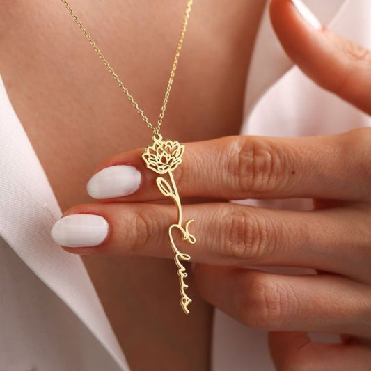 Custom Birth Flower Name Necklace