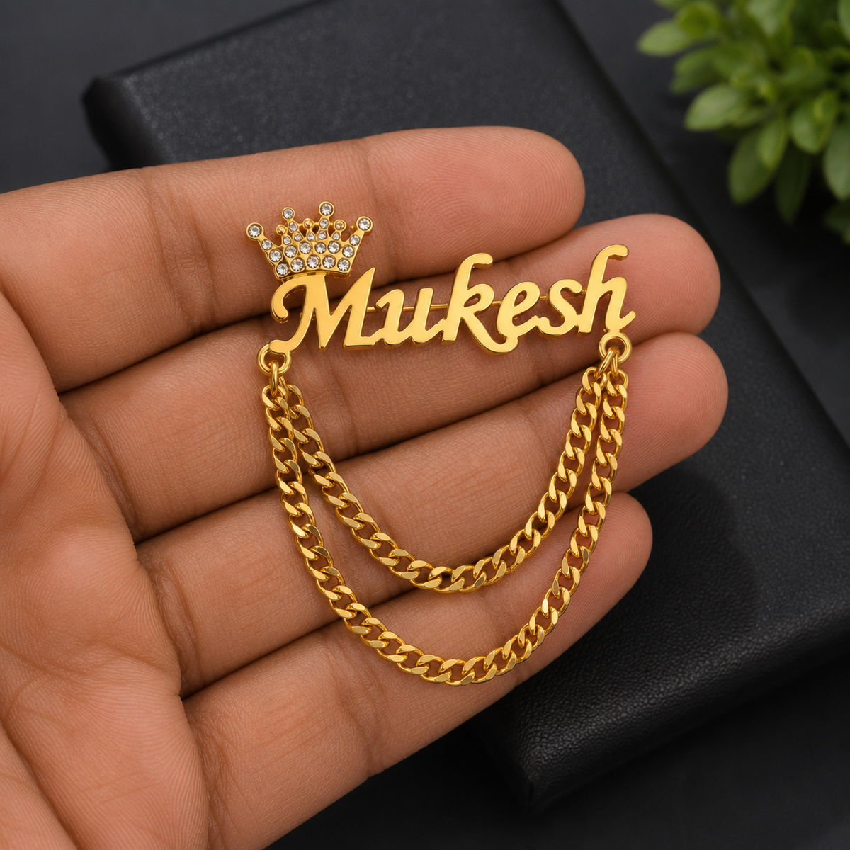 Customized Name Crown Chain Brooch