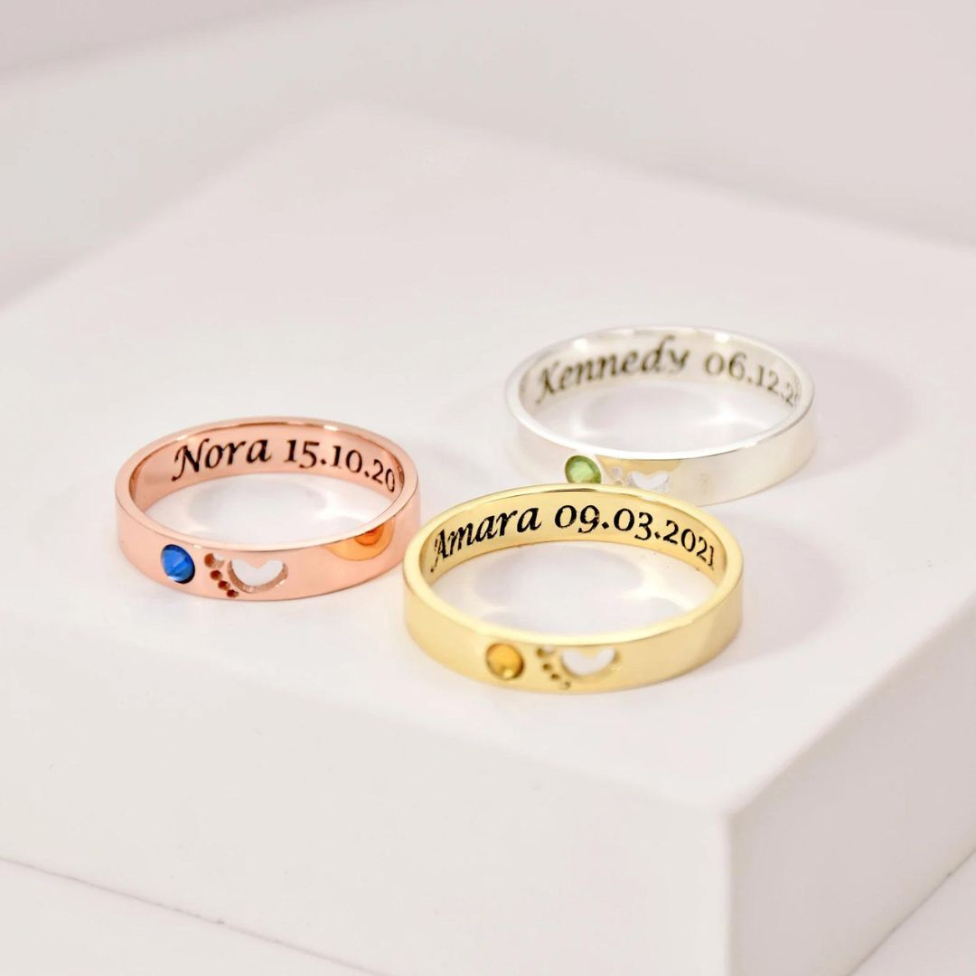 Personalized Name Date Ring With Birthstone